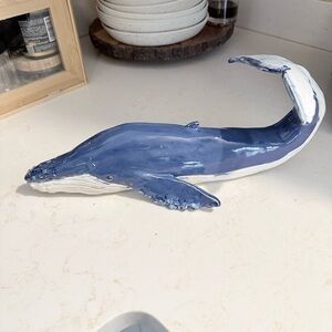 Blue and White Whale Sculpture - humpback Ceramic Home Art handmade pottery